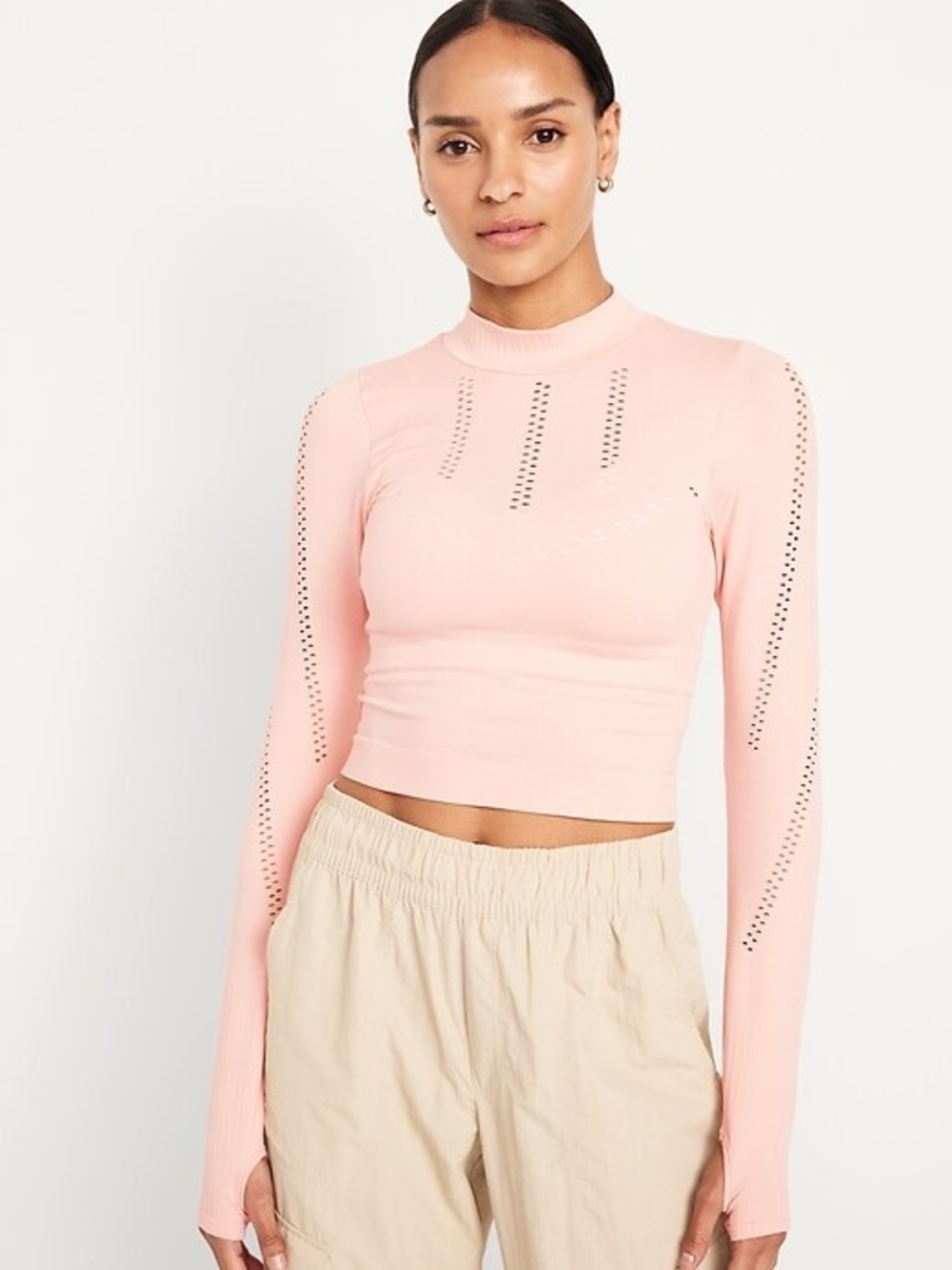 Old Navy Pink Performance Cropped Seamless Top Thumbholes Activewear Workout Gym